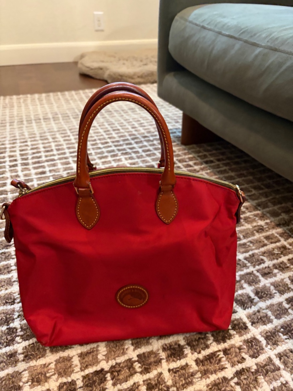 Dooney & Bourke Red Nylon Tote with Brown Leather Trim - Picture 6 of 8